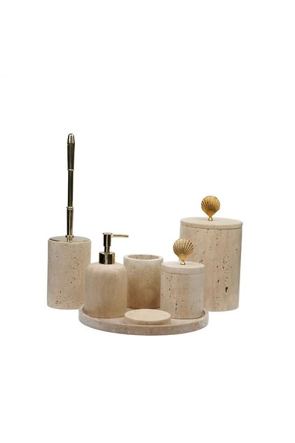 Decorative Travertine Marble Bathroom Set Set of 7 Brass Accessory Detailed Design Set