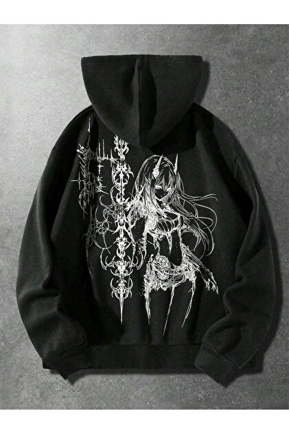 ZEMLİYA Unisex Y2K Anime Dark Grafik Baskılı Kapüşonlu Sweatshirt