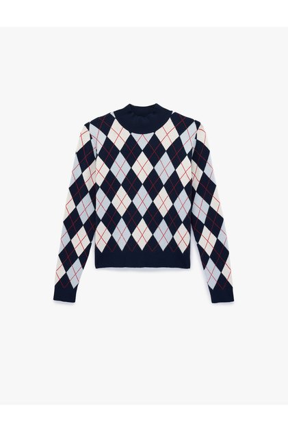 Long Sleeve Mock Neck Diamond Pattern Knitwear Sweater