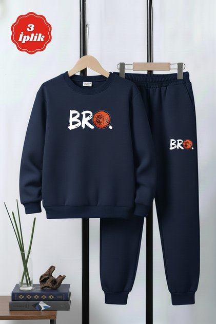 3-Ply Thick Round Neck Bro Basketball Print Detail Winter Boys' Tracksuit Set