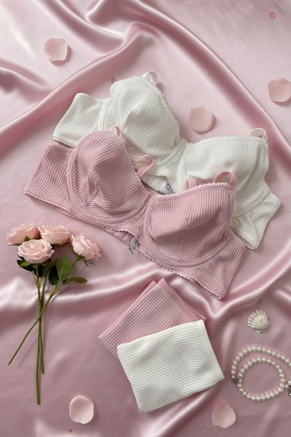 2-Piece Underwire Bralette Set – Cotton Ribbed Knit Support Comfort Set