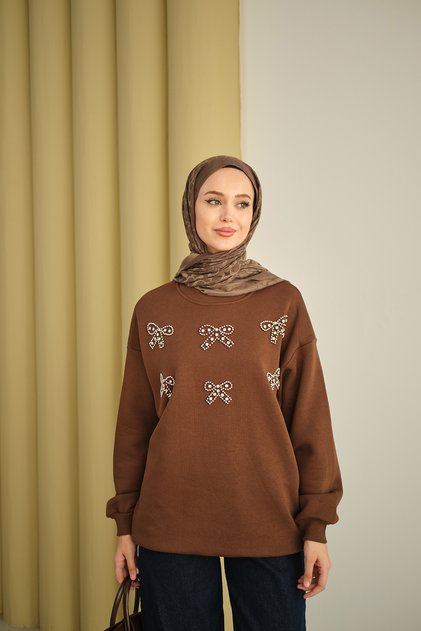 Women's Ribbon Stone Detail Sweat Brown