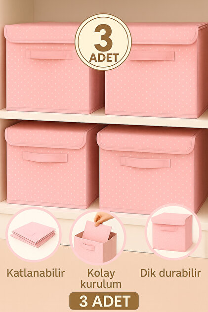 3Adet-KAPAKLI PEMBE Dolap İçi Çamaşır Oyuncak Düzenleyici Katlanır Kapaklı Saklama Kutusu30X30X30CM