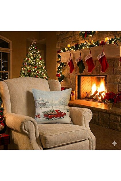 Vintage Red Pickup Truck Christmas Snow Scenery Jacquard Woven Tapestry Decorative Christmas Si̇ml