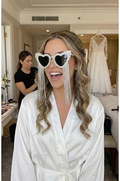 Parıltılı Janjanlı Sarkıt Taşlı Kalpli Gelin Gözlük, Bride After Parti Düğün Kına Eğlence Gözlüğü