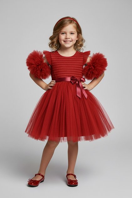 Pompom Sleeves Tulle Girls Evening Dress Party Dress