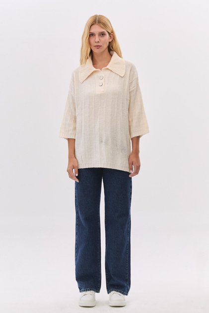 Fleece-Lined wide collar buttoned three-quarter knitwear