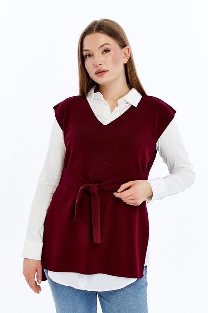 Women's V-Neck Belted Soft Textured Sweater