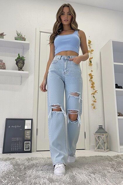Aşk 90`s Likralı Salaş Kadın Buz Mavi 3 Yırtık Süper Yüksek BeL Wide Leg Palazzo Kot Pantolon