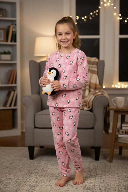 Fullamoda Penguen Desenli Polar Unisex Çocuk Pijama Takımı