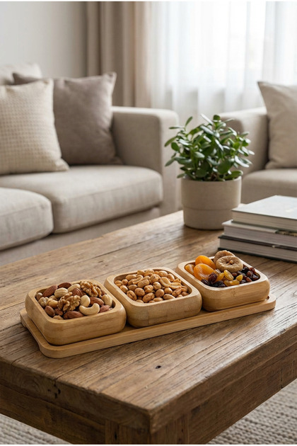 MAKRİ HOME Bambu 3'lü Çerezlik & Kuruyemiş Sunum Seti Kare