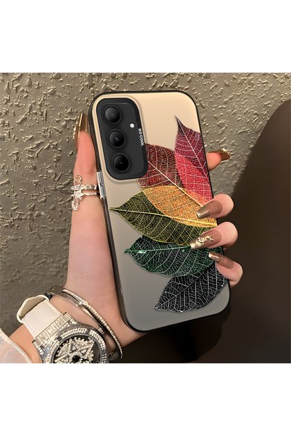 Samsung Galaxy A35 Compatible Silicone Edge Acrylic Back Colorful Leaf Protective Case