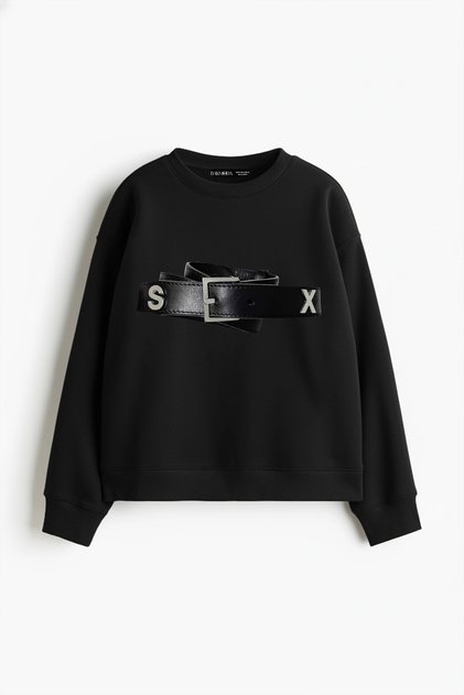 Hot Belt Printed Hoodless Relaxed Fit Women's Black Sweatshirt