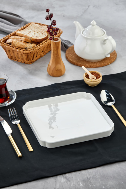 23 cm Lüks Beyaz Porselen Sunum Tabağı Modern Kare Kahvaltı ve Servis Tabağı
