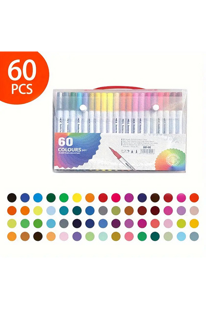60pcs 60-Pack Double-Headed Marker Pens – Fine & Brush Tip, Water-Based, Vibrant Colors for Art, Cal