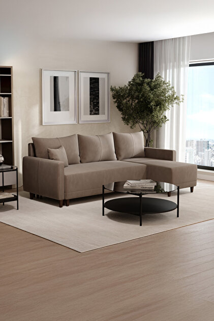 Enza Home Smart Plus Yataklı Köşe Takımı, Kadife Dokulu - Kahve