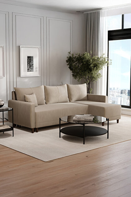 Enza Home Smart Plus Yataklı Köşe Takımı, Kadife Dokulu - Vizon
