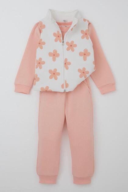 Donino Girl's Tracksuit Set with Floral Pattern Vest Set 2-5 Years Old, Pink