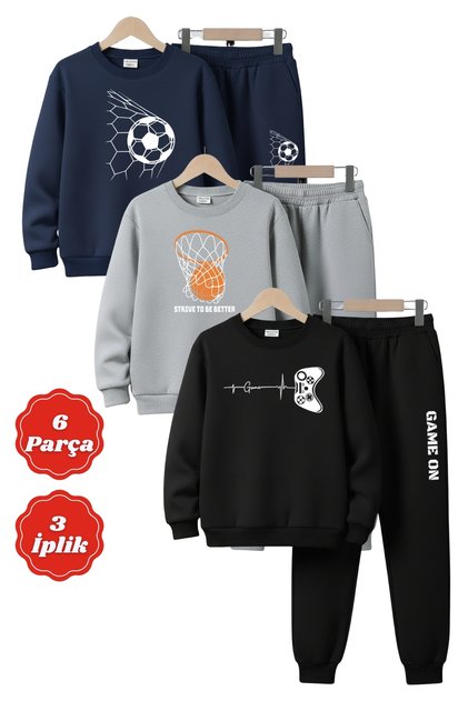 3 Thread Round Neck Printing Detail Thick Winter 6 Piece Boys Tracksuit Set