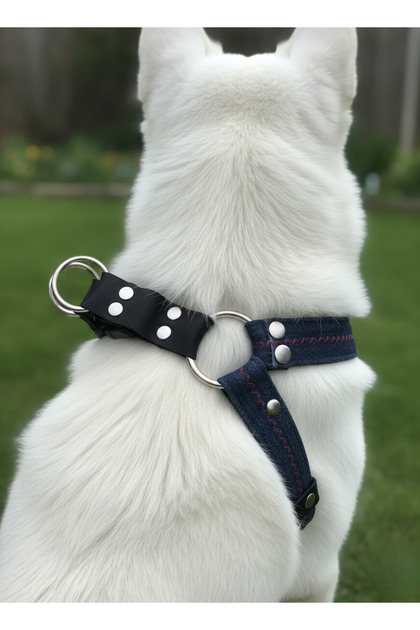 Dog Chest Harness Adjustable Medium Breed Denim & Leather Dark Navy Blue