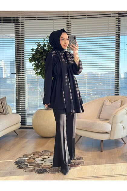 3158 Atkı Detaylı Beli Büzgülü Tunik