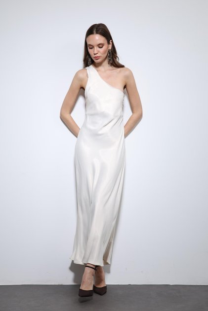 Stone Asymmetric Neckline Satin Long Dress