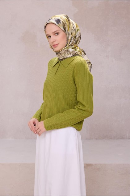 Yeşil Obje Desen %100 Twill İpek Eşarp 4216 - 83