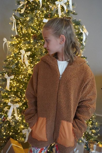 Girl's Plush Coat Hooded Zippers, Age 5-8, Brown