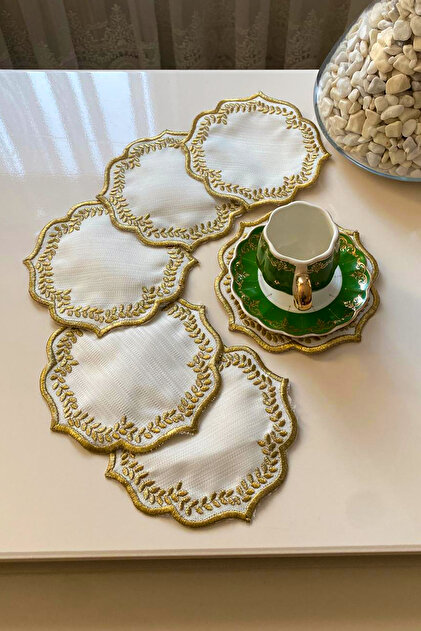 Sümbül 6-Piece Special Embroidered Linen Coffee Serving Napkin, Cocktail Napkin, Party Napkin-Gold