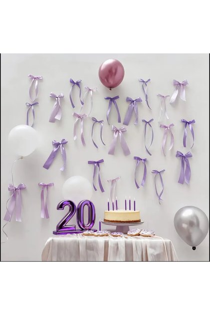 20 Adet Mor-Lila Hazır Saten Fiyonk Seti, Doğum Günü, Parti, Süsleme Fiyonk Kurdele