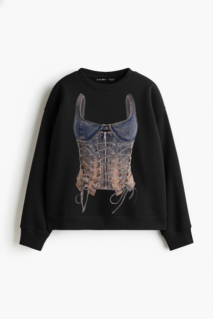 Women's Black Relaxed-Fit Sweatshirt with Denim Corset Print (No Hood)