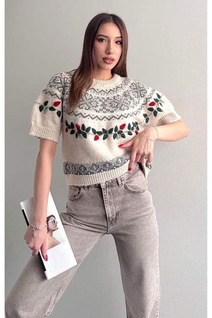 Kombin Jacquard Embroidery Detail Knitwear Blouse