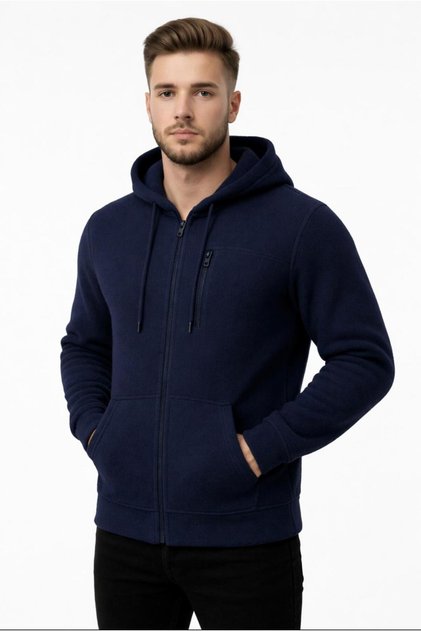 Men's Navy Blue Fleece Zippered Hooded Sweatshirt-W1157