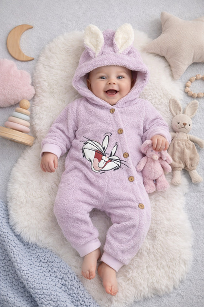 Baby Girl Velsoft Hooded Buttoned Romper