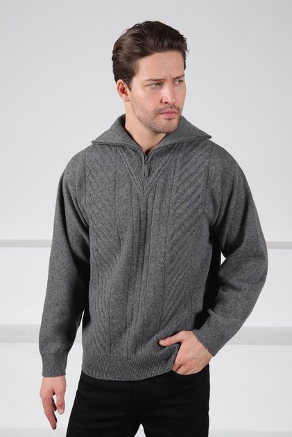 Smoked Turtleneck Zippered Front Patterned 100% Lamb Wool Men's Knitwear Sweater