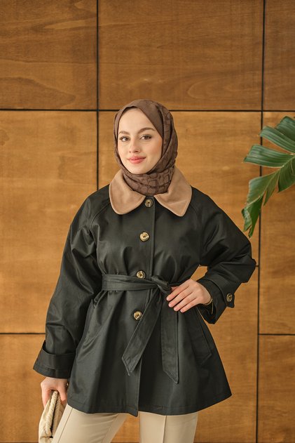 Women's Collar Velvet Trench Coat Black