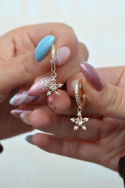 Stoned Star Charm Hoop Earrings | Zircon Stone Rose Gold Earrings