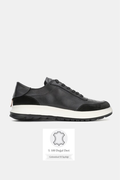 Men's Black Genuine Natural Leather Eva Sole Sneaker Lace-Up Shoes