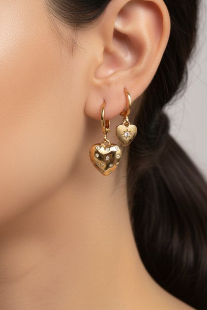 Asymmetric Heart Charm Mini Hoop Earrings – Set of Two with Zircon Stones