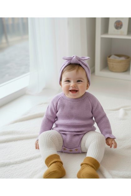Buttoned Ruffle Sleeve Detailed Knitwear Baby Girl Bodysuit (with Bandana) (0-12 Months)