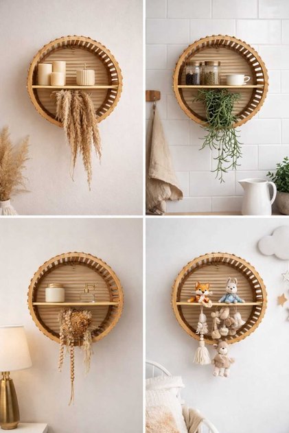 Bohem Handmade yuvarlak-Bambu- Ham mdf Dekoratif duvar rafı- el yapımı cok amaçlı kullanım 35 cm
