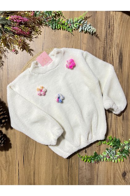 Beyaz welsoft yumoş.Örgü çiçek detaylı çocuk sweatshirt