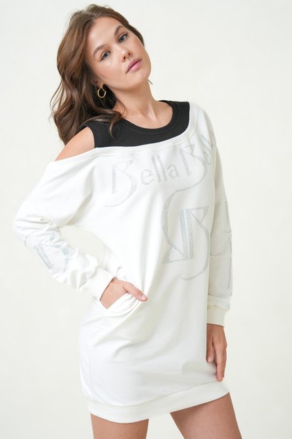 Rochie tunica cu detaliu de buzunar, cu maneca lunga, din material cu imprimeu cu piatra stralucitoare, 5132