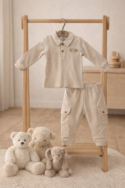 Baby 2-Piece Set 100% Cotton – Polo Neck Long Sleeve Top with Squirrel Embroidery and Pocketed Pants (6-24 Months)