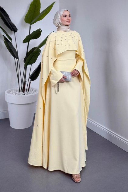 Serenya Pelerini Taşlı Abiye Butter Yellow