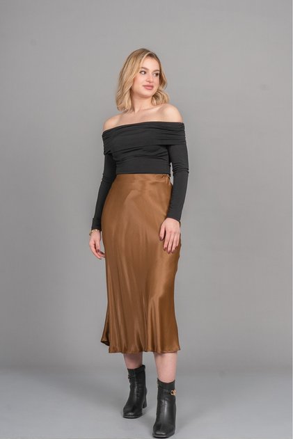 Women's Summer Brown Satin Fabric Patterned Skirt with Elastic Waist 6679
