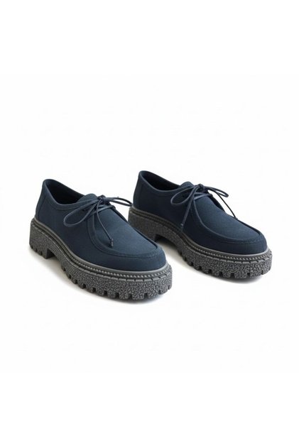 Navy Blue Suede Genuine Leather Lace-Up Thick Patterned Sole Women's Daily Casual Shoes