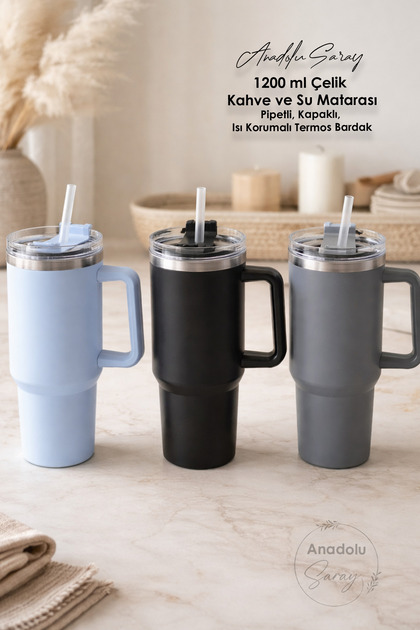 1200 ml Çelik Kahve ve Su Matarası | Pipetli, Kapaklı, Isı Korumalı Termos Bardak