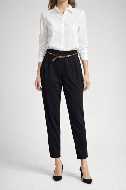Pantaloni din material textil cu detaliu cu centură plisată Güzella, cu buzunare laterale