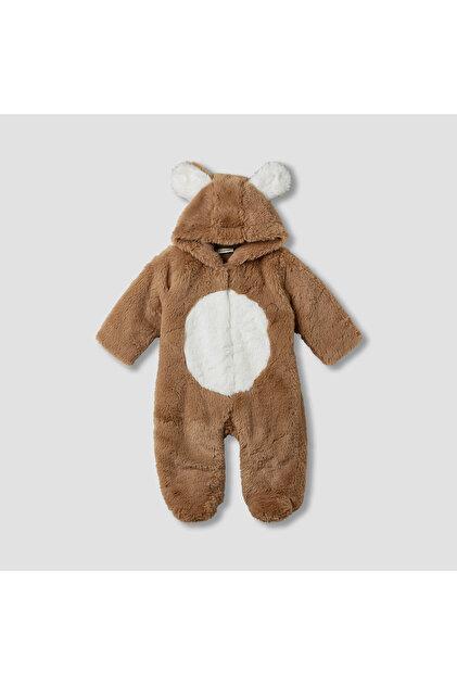 Hooded Sleepsuit with Faux Fur - Polyester - Long Sleeves